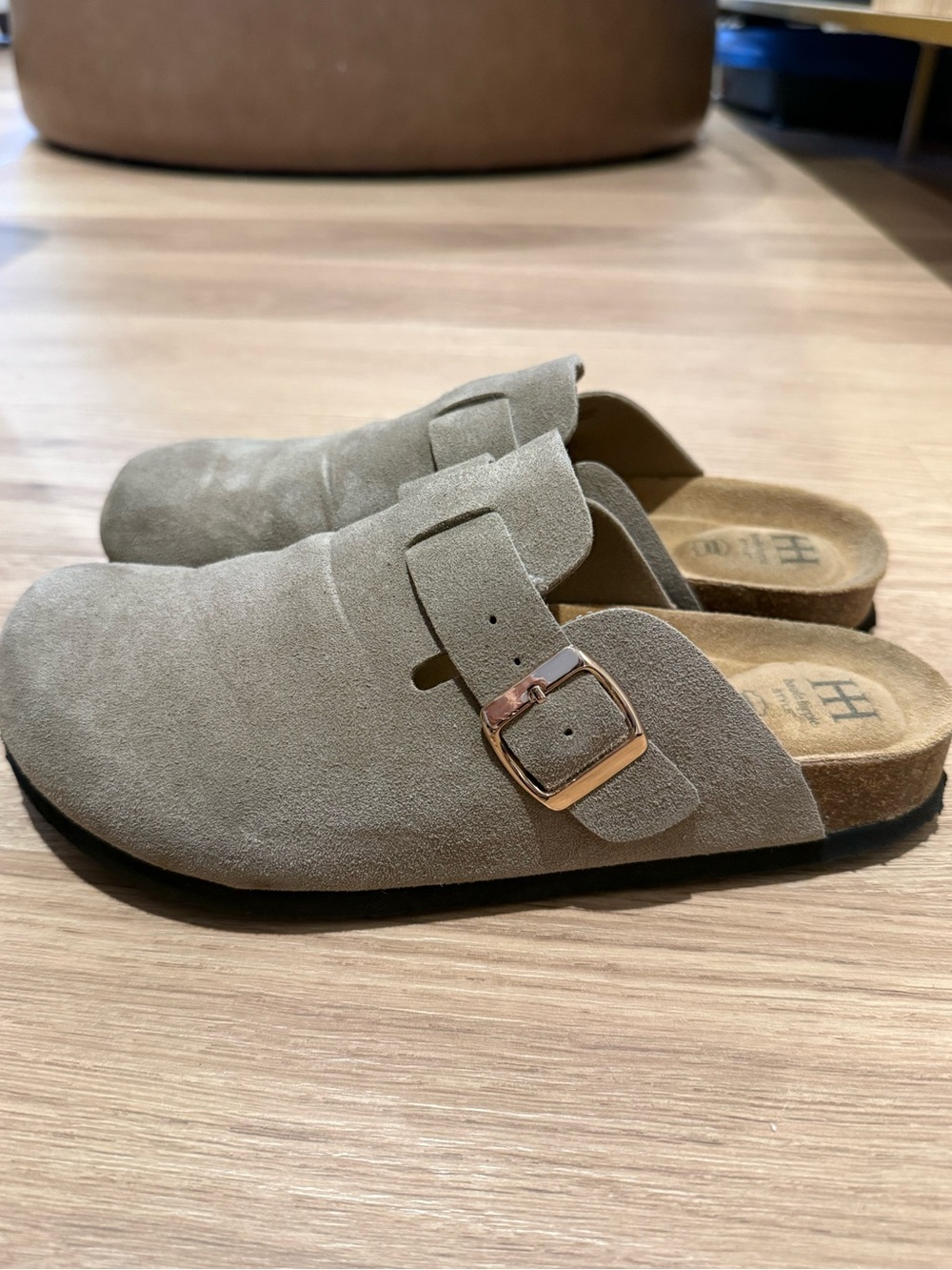 Haute Hippe Suede Clog with Gold Buckle - Taupe